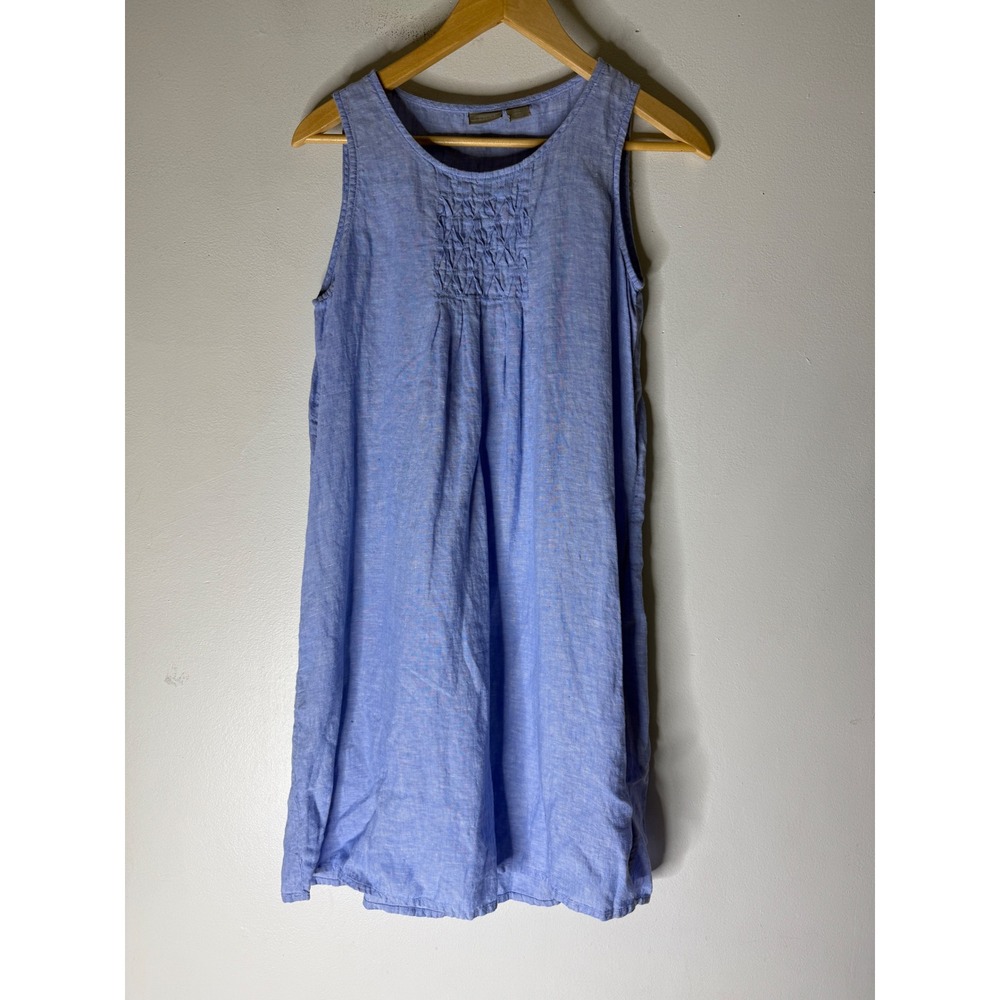 Kenar Blue Linen Blend Smocked Sleeveless Shift Dress Womens Small